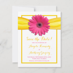 Save The Date Mariage au ruban jaune et gerbera rose