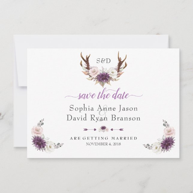 Save The Date Mariage aux Bois de Cerf Floraux Blancs Lavande (Devant)
