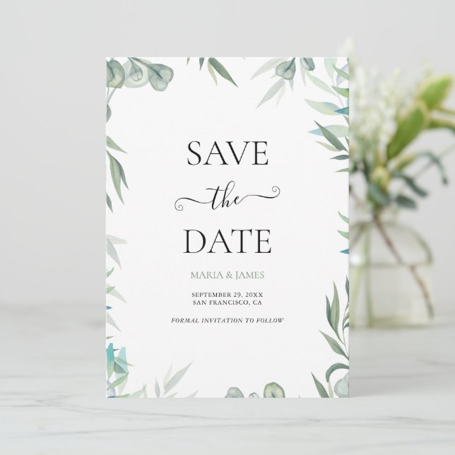 Save The Date Mariage aux feuilles d'eucalyptus (Debout devant)