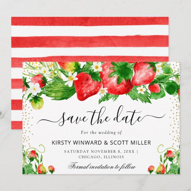 Save The Date Mariage aux fraises et fleurs d'été (Devant / Derrière)