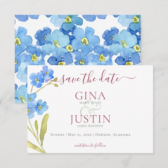 Save The Date Mariage aux Œillets & Myosotis (Devant / Derrière)