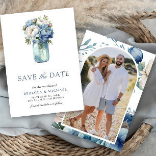 Save The Date Mariage avec photo de pot Mason floral bleu poussi