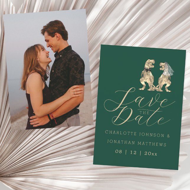 Save The Date Mariage avec photos sur le thème des dinosaures (Elegant minimalist dinosaur wedding save the date portrait photo green invitation)