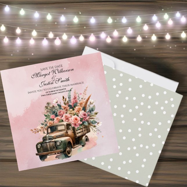 Save The Date Mariage avec un camion vintage rempli de fleurs (A Vintage watercolor wedding evokes a dreamy, romantic, atmosphere filled with soft colors.)