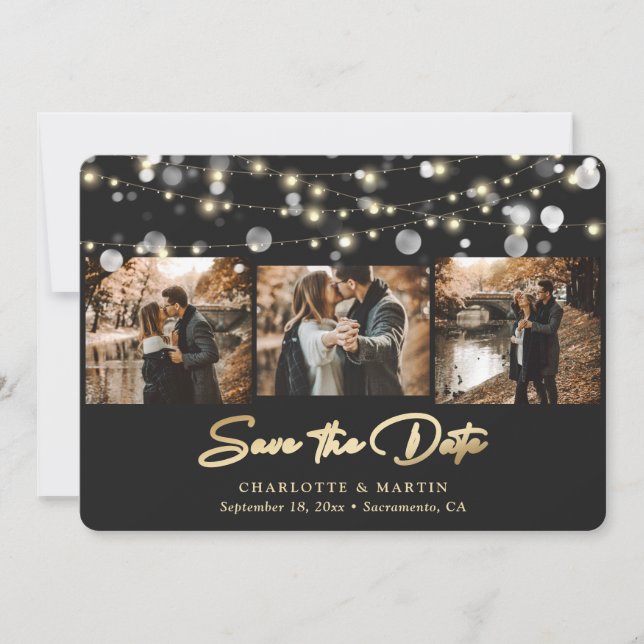 Save The Date Mariage Black Gold moderne 3 Photo Enregistrer la  (Devant)