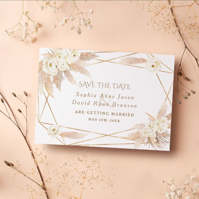 Save The Date Mariage blanc charme roses herbe des pampas or (trendy save the date pampas grass white floral gold)