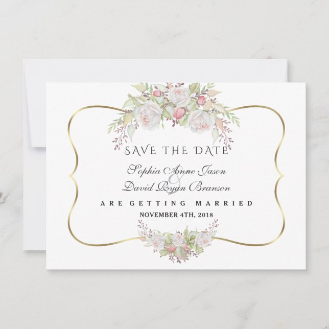 Save The Date Mariage Blanc Chic Roses Roses Navy Blue Or (Devant)
