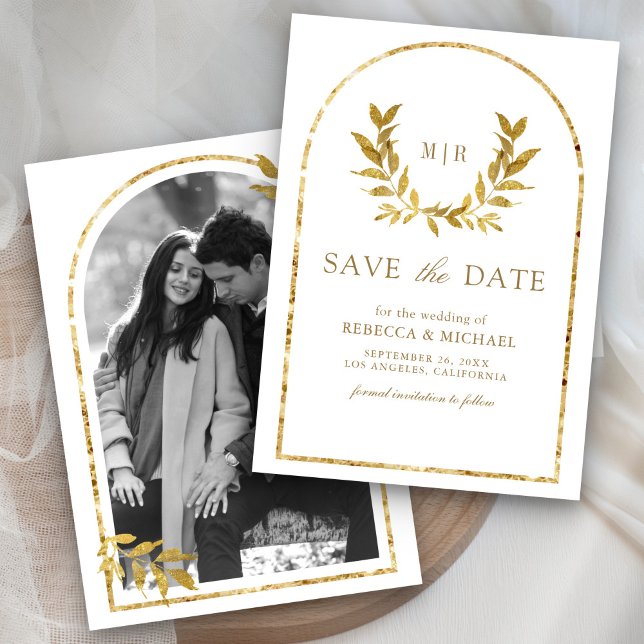 Save The Date Mariage blanc Feuille Gold Laurel Wreath (Créateur téléchargé)