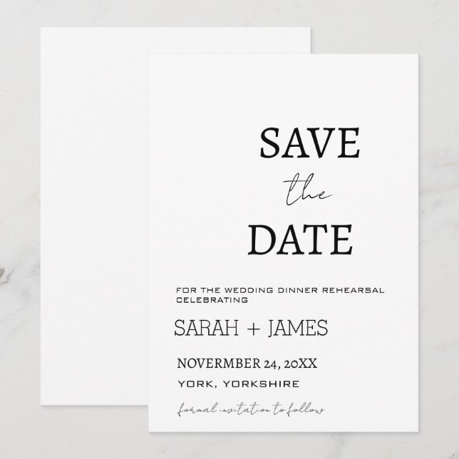 Save The Date Mariage Blanc Minimaliste de Répétition de Dîner d (Devant / Derrière)
