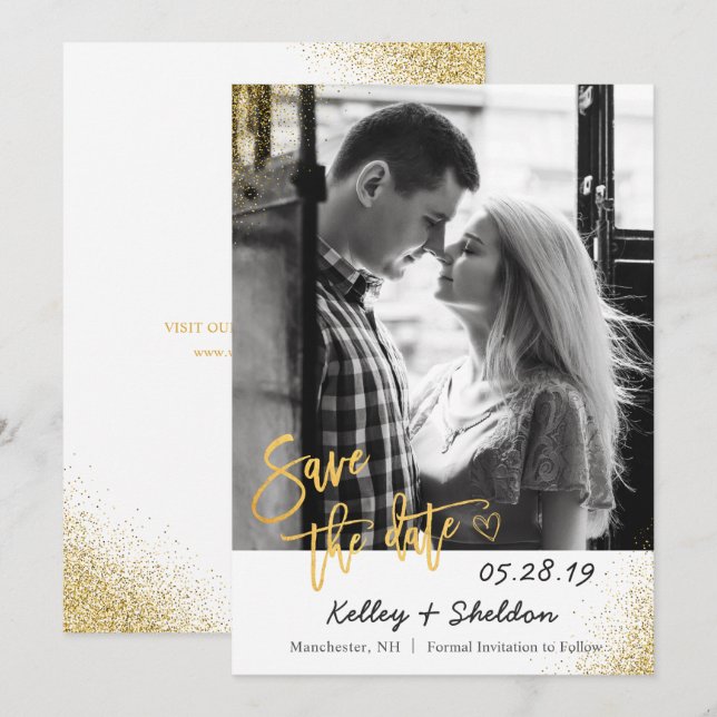 Save The Date Mariage Blanc & Or Moderne Enregistrer La Photo Da (Devant / Derrière)