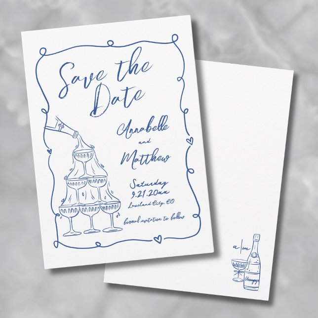 Save The Date Mariage Bleu à main lunaire (Whimsical Hand Drawn Blue Wedding Save the Date )