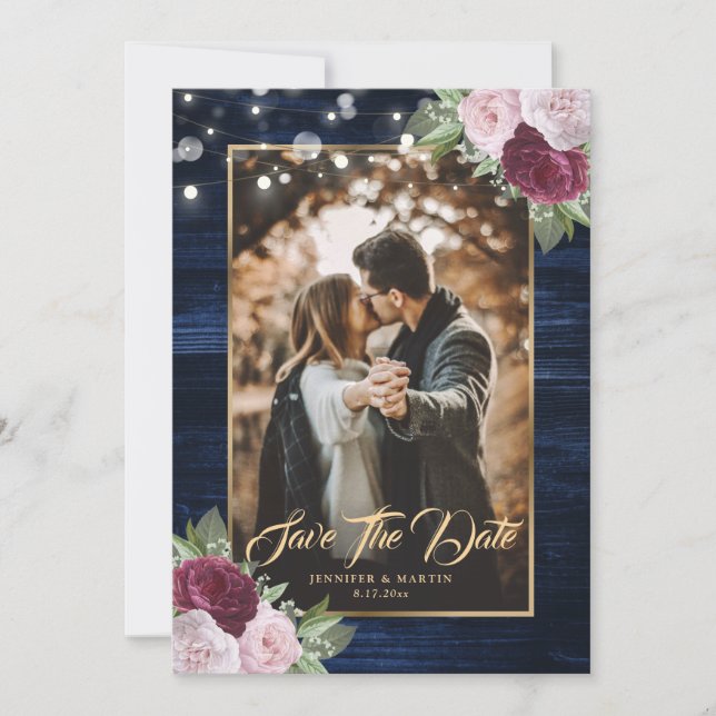 Save The Date Mariage bleu bleu Bourgogne de la marine photo (Devant)