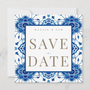 Save The Date Mariage bleu Carré méditerranéen Sauvez la date