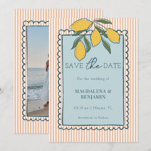Save The Date Mariage bleu côtier à rayures pêche citron italien