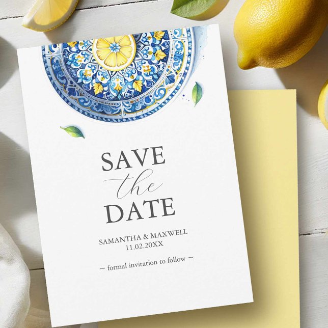 Save The Date Mariage bleu et jaune Enregistrer la date (Blue and yellow wedding save the date invitation card non photo.)