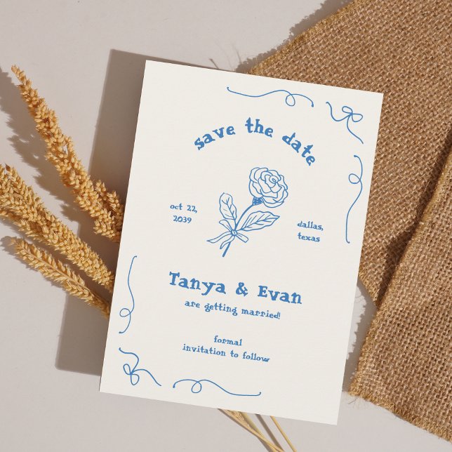 Save The Date Mariage bleu Fleur Whimsical dessiné à la main (Créateur téléchargé)