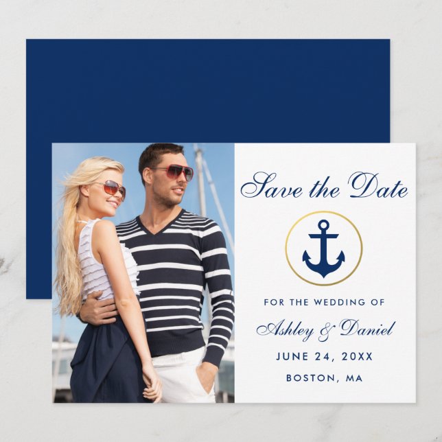 Save The Date Mariage Bleu Nautique Enregistrer la photo Date (Devant / Derrière)