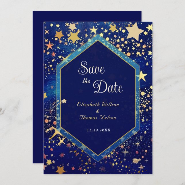 Save The Date Mariage bleu nuit étoile céleste (Devant / Derrière)