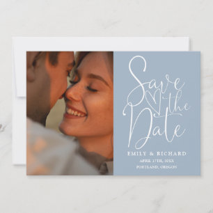 Save The Date Mariage Bleu Poussiéreux 2 Photo Écriture Élégante