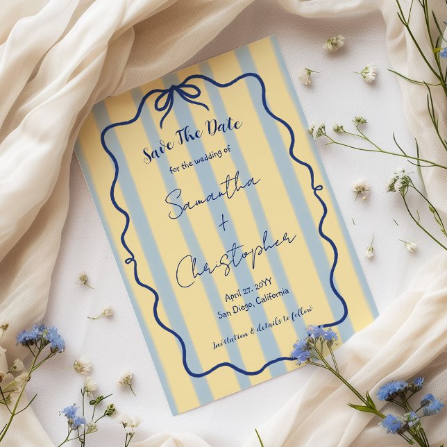 Save The Date Mariage bleu poussiéreux jaune capricieux dessiné  (Créateur téléchargé)