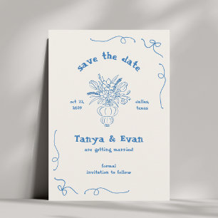 Save The Date Mariage bleu Vase Fleur Whimsical dessiné à la mai