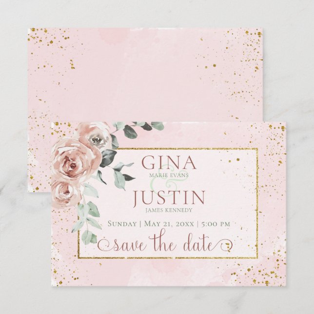 Save The Date Mariage Blush Roses & Gold Accents (Devant / Derrière)
