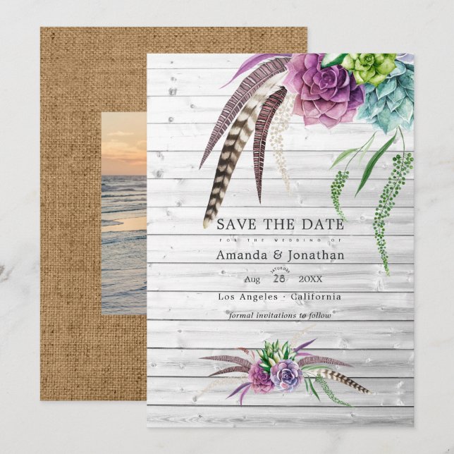 Save The Date Mariage bohème aux aquarelles mystiques de succule (Devant / Derrière)