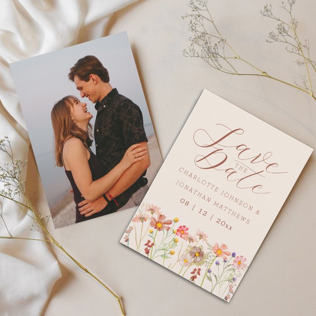 Save The Date Mariage Bohème Champêtre de Fleurs Sauvages Automn (Boho chic wildflower meadow watercolor rustic florals photo wedding save the date card)