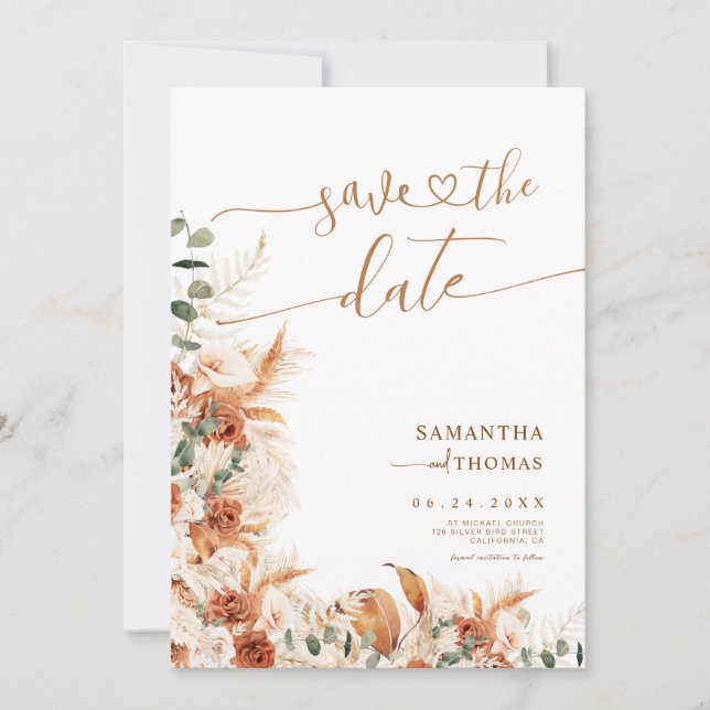 Save The Date Mariage Bohème Chic aux Fleurs de Terracotta Luxur (Devant)