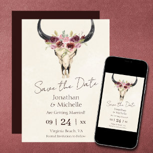 Save The Date Mariage Bohème Fleurie Crâne de Vache Bourgogne et
