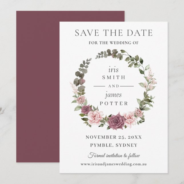 Save The Date Mariage Bohème Fleurs de Rosier Cannelle et Rouge  (Devant / Derrière)
