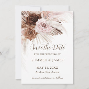 Save The Date Mariage Bohème Fleurs Rose Poussiéreux Brun Herbe 