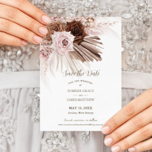 Save The Date Mariage Bohème Fleurs Rose Poussiéreux Brun Herbe 