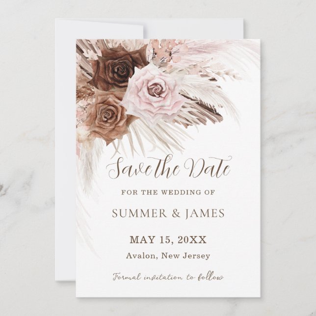 Save The Date Mariage Bohème Poussiéreux Rose Brun Floral Herbe  (Devant)