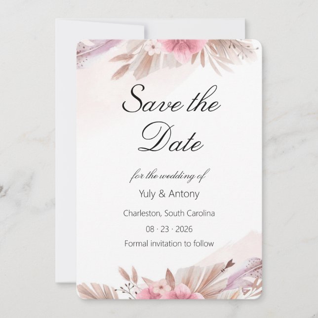 Save The Date Mariage Bohème Rose Romantique et Champagne Enregi (Devant)