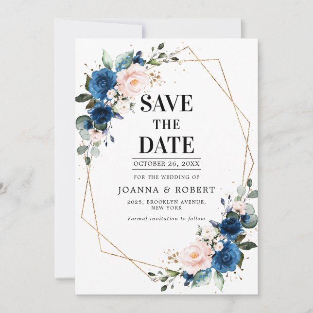 Save The Date Mariage Bohème Rose Rose Pâle Bleu Marine (Devant)