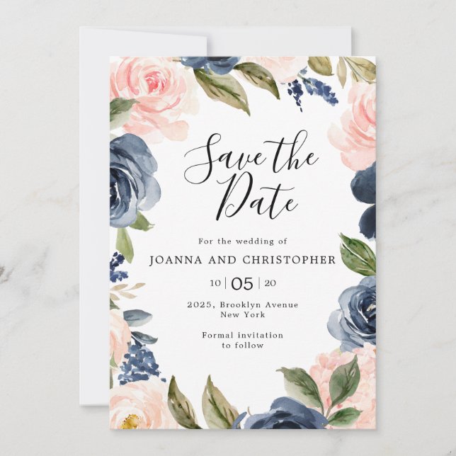 Save The Date Mariage Boho bleu bleu bleu rose bleu marine (Devant)