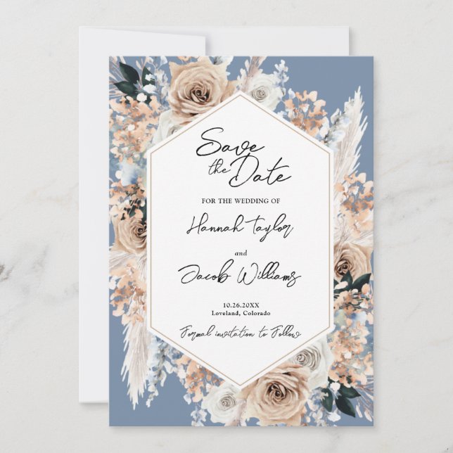 Save The Date Mariage Boho bleu Dusty (Devant)