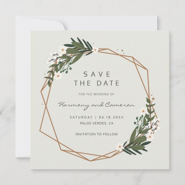Save The Date Mariage Boho moderne or géométrique verdure (Devant)