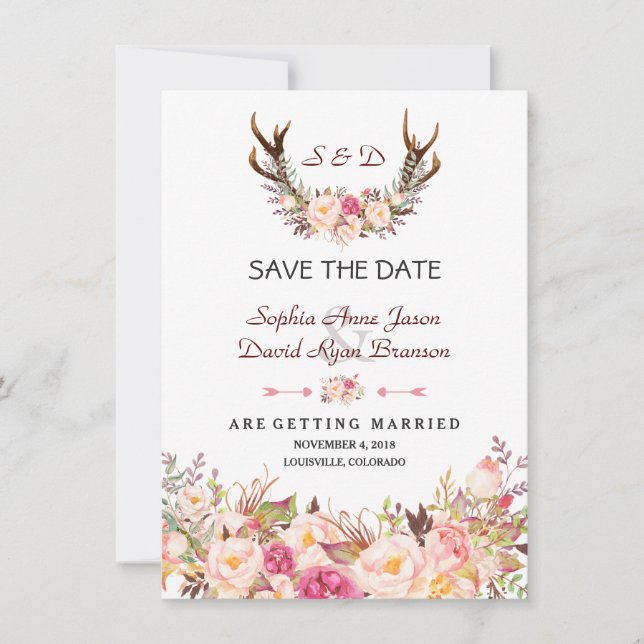 Save The Date Mariage Bois de Cerf Floral Rose Tendre Charme (Devant)