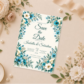 Save The Date Mariage Botanique Bleu Élégant