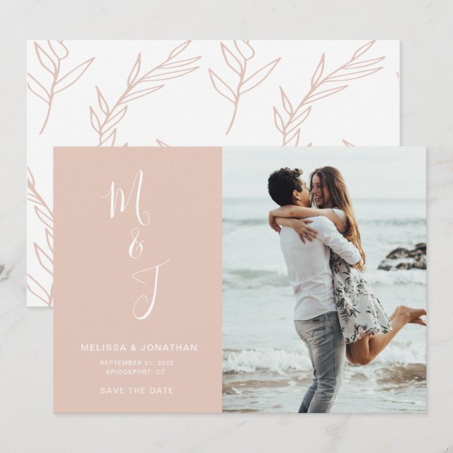 Save The Date Mariage botanique Blush Rose Moderne Enregistrer L (Devant / Derrière)