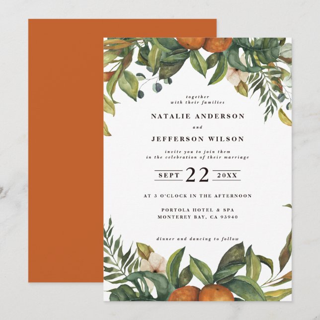 Save The Date Mariage botanique d'agrumes orange (Devant / Derrière)