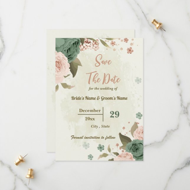 Save The Date Mariage botanique de fleurs vertes de blanc et de  (Devant/Arrière en situation)