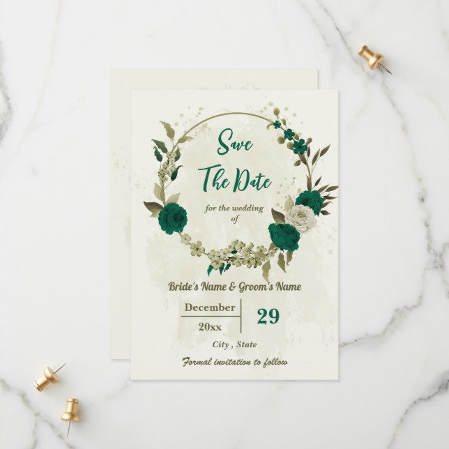 Save The Date mariage botanique des fleurs beiges vert émeraude (Devant/Arrière en situation)