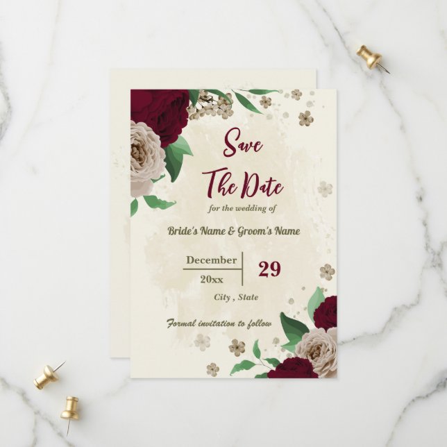 Save The Date Mariage botanique des fleurs de champagne de Bourg (Devant/Arrière en situation)