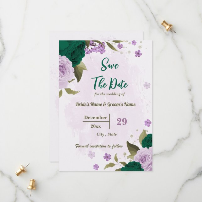 Save The Date mariage botanique des fleurs violettes vert émerau (Devant/Arrière en situation)