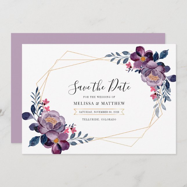 Save The Date Mariage botanique géométrique floral violet (Devant / Derrière)