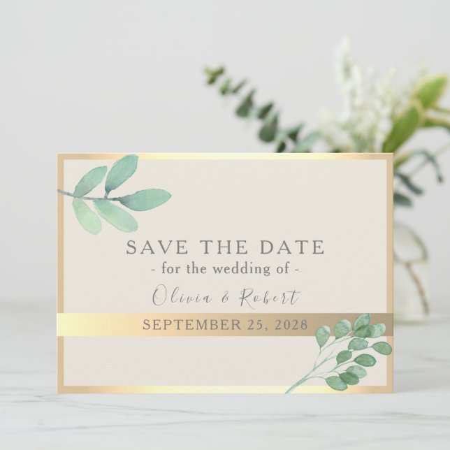 Save The Date Mariage Botanique Gold Greenery Date de sauvegarde (Debout devant)