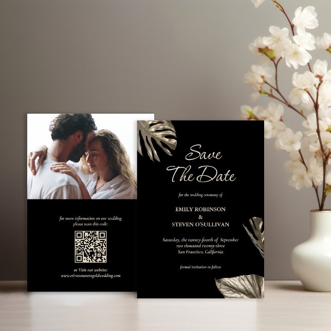 Save The Date Mariage Botanique Noir & Or avec Photo et QR (Créateur téléchargé)